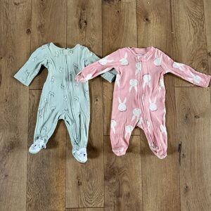 Baby Girl Pink Green Bunny Print Zipper Footed One-Piece Pajamas Easter 3 Months